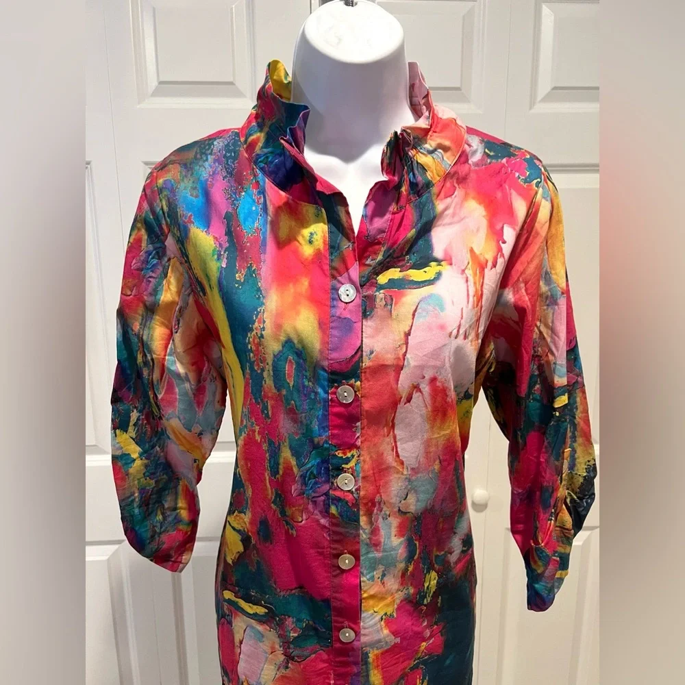 Soft Surroundings Multicolor Abstract Long Sleeve Buttoned Down Dress - Picture 2 of 6